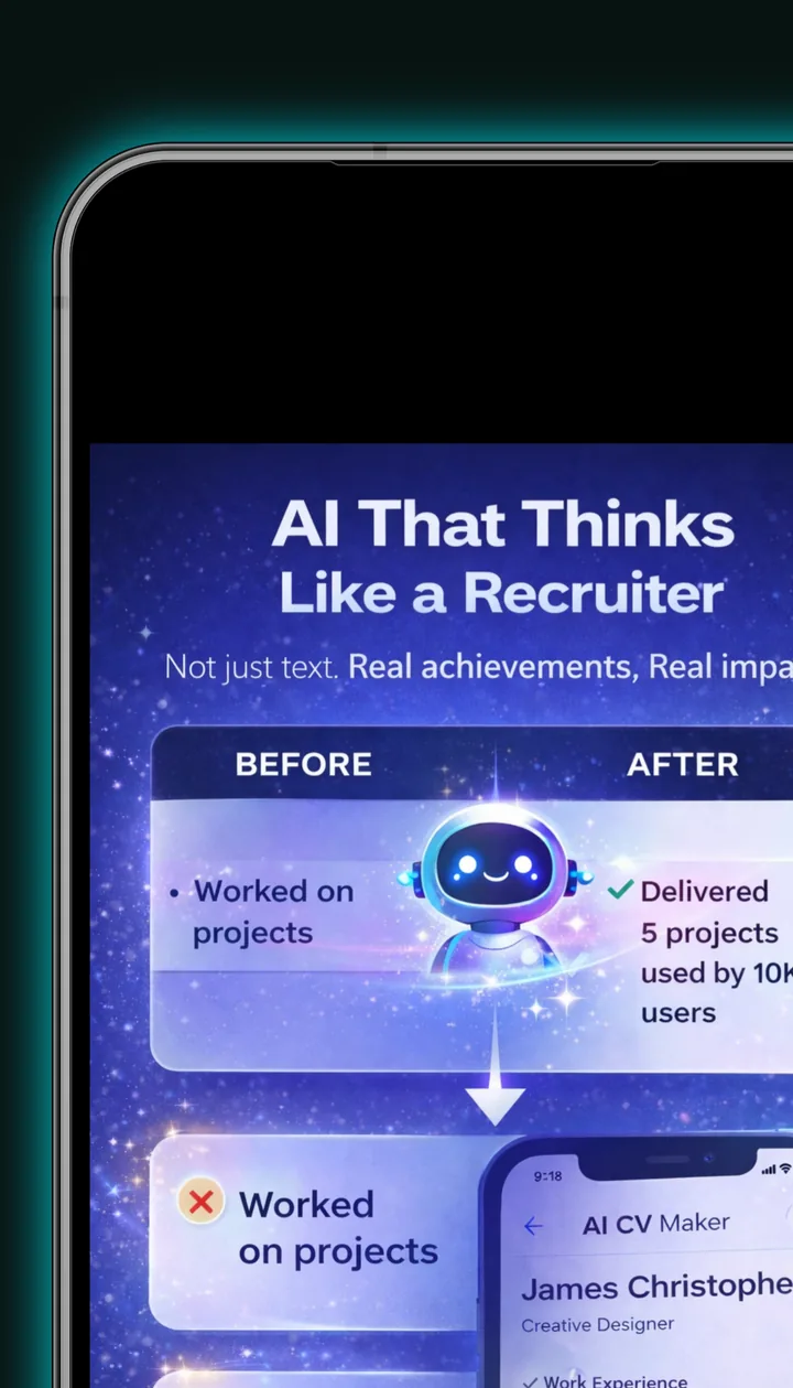 Écran AI CV Maker : une phrase vague transformée par l'IA en réalisation chiffrée
